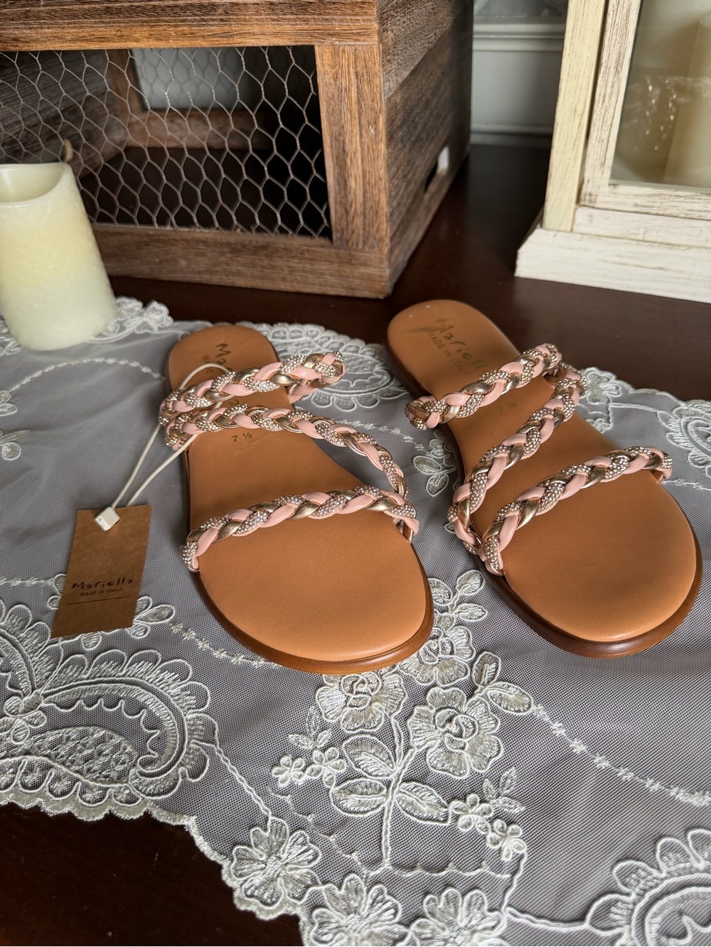 NWT Mariella Italy Rose Gold Metallic Braided Leather Sandals Shoes Sz 7.5
